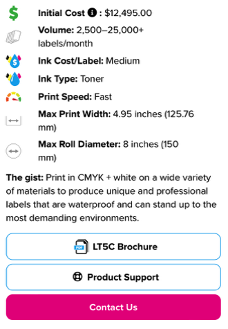 zap labeler LT5C CMYK + White Label Printer information sheet